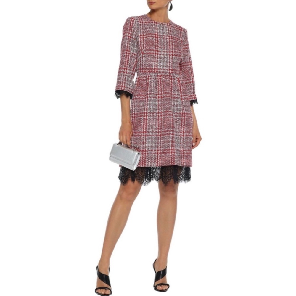 NWT Mikael Aghal Lace Trimmed Checked Tweed Dress Red Black White Lace Size 8